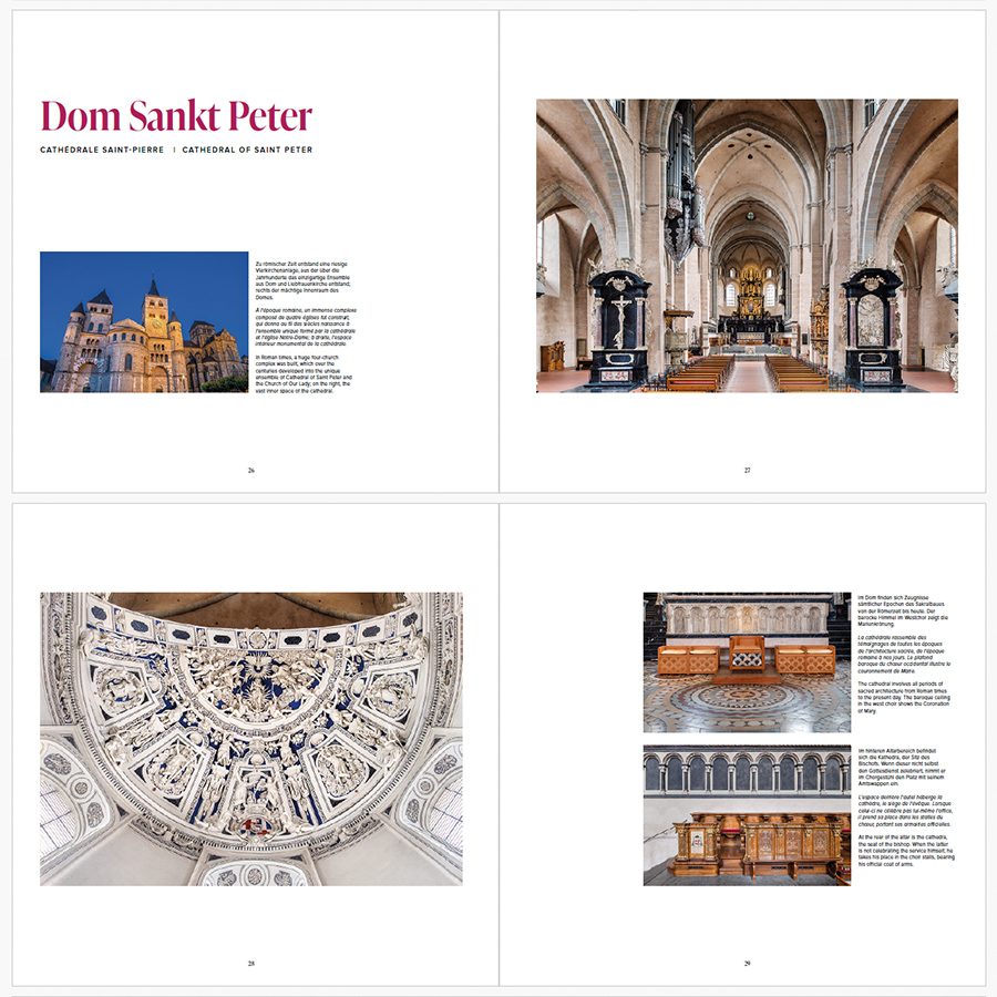 Double page du livre photographique artistique présentant des vues intérieures de la cathédrale Saint-Pierre de Trèves, avec architecture sacrée et détails historiques.