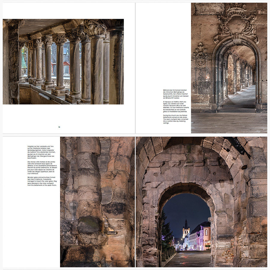 Double-page spread from the artistic photographic book presenting architectural details of Roman built structures in Trier, including the Porta Nigra.